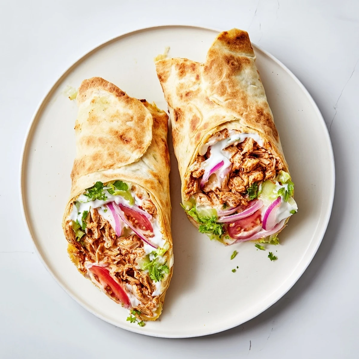 Crispy gluten-free flatbread filled with juicy spiced chicken and crunchy colorful vegetable toppings