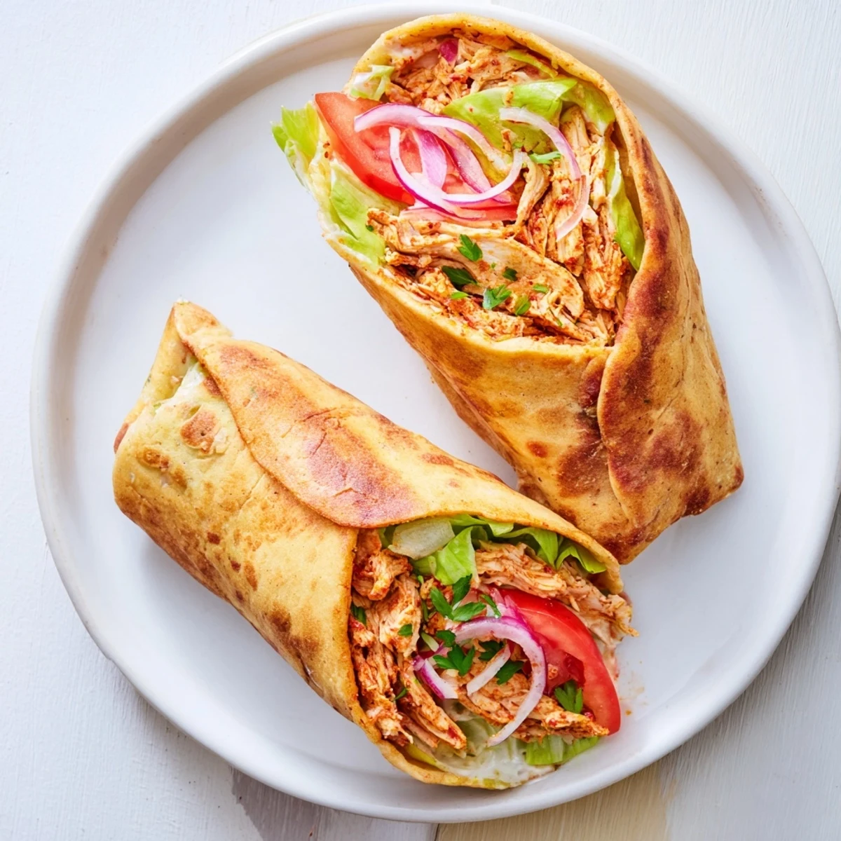 Golden cottage cheese flatbread wrapped around seasoned chicken with fresh lettuce and tomato