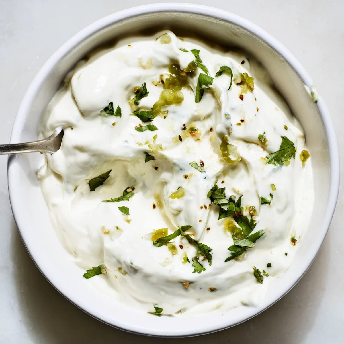 Creamy white Mexican sauce drizzled over golden crispy tacos with fresh cilantro garnish