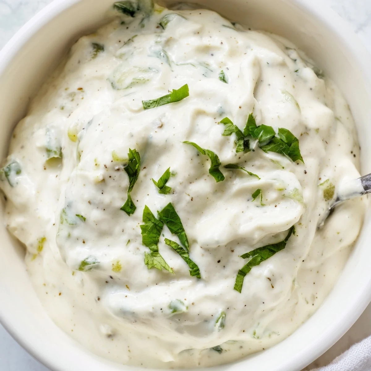 Bowl of tangy Mexican white sauce ready for dipping warm tortilla chips