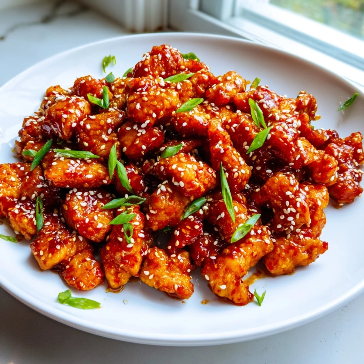 Golden brown spicy honey Sriracha chicken pieces glazed in sticky sweet sauce