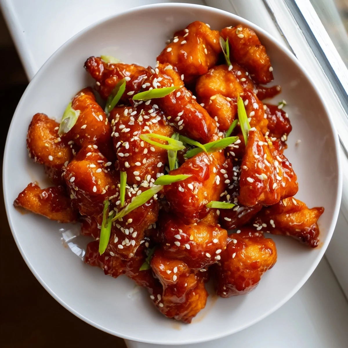 Juicy chicken thighs coated in glossy honey Sriracha glaze with sesame seeds