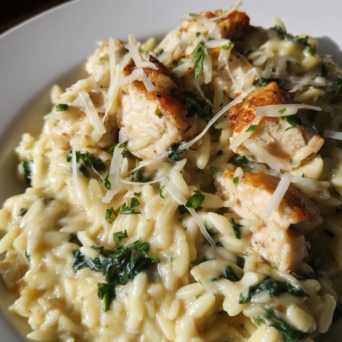 Creamy garlic butter Pepper Jack chicken orzo topped with melted cheese and fresh spinach