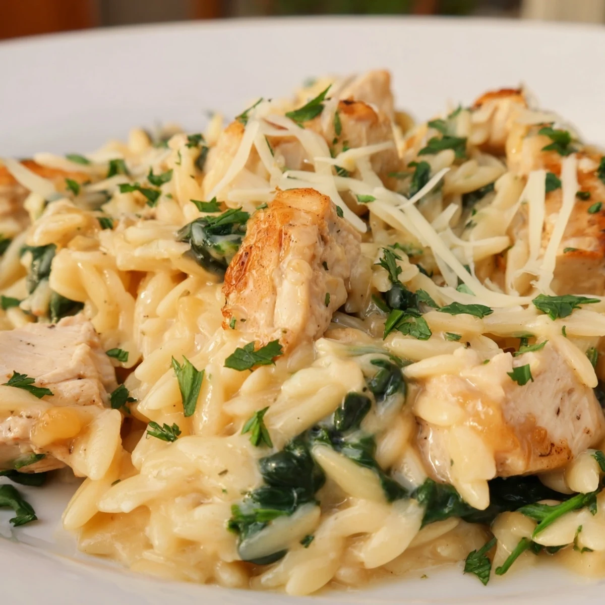 Golden chicken pieces in a rich one-pan orzo with spicy Pepper Jack and wilted greens