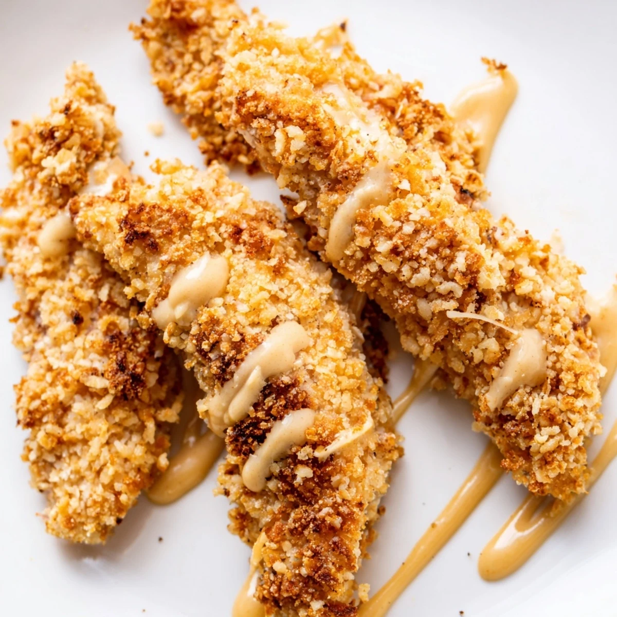 Crispy baked honey mustard chicken tenders arranged on a baking sheet with golden breadcrumb coating visible