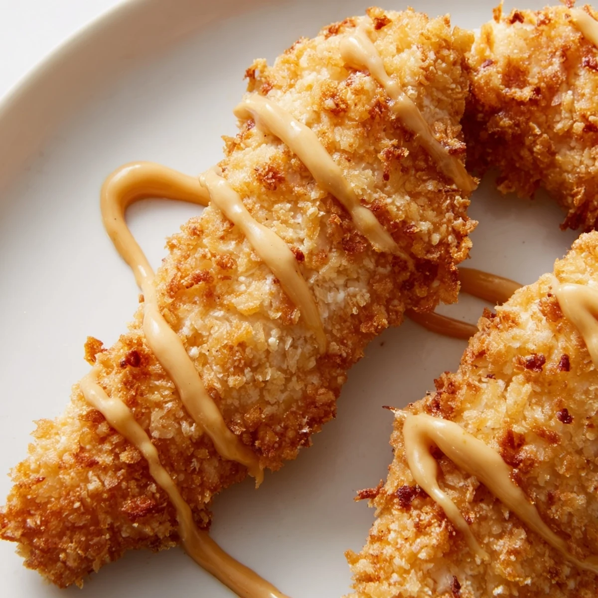 Golden brown honey mustard chicken tenders served with creamy honey mustard dipping sauce on a white plate