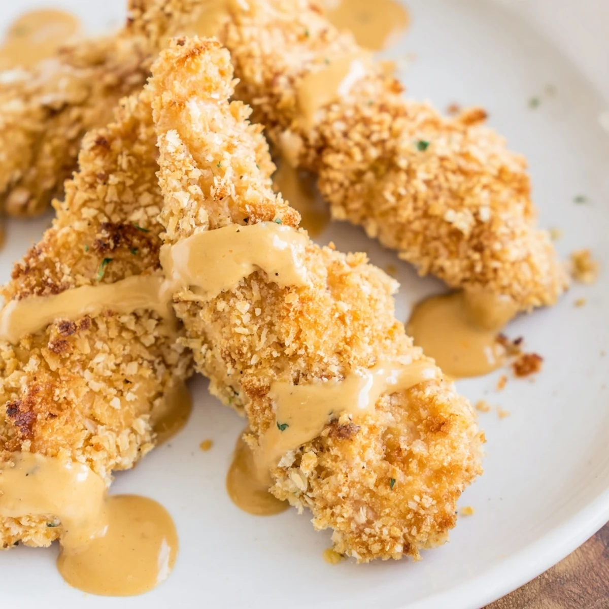 Homemade honey mustard chicken tenders strips plated alongside small bowl of tangy honey mustard sauce for dipping