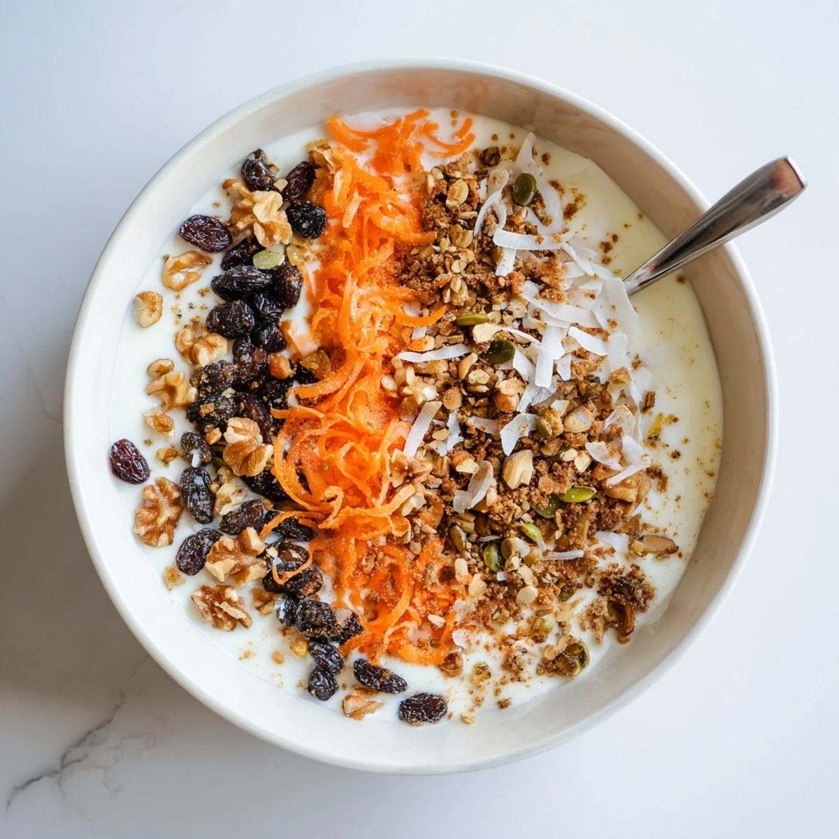 Creamy carrot cake yogurt bowl topped with grated carrots, crunchy walnuts, and sweet raisins