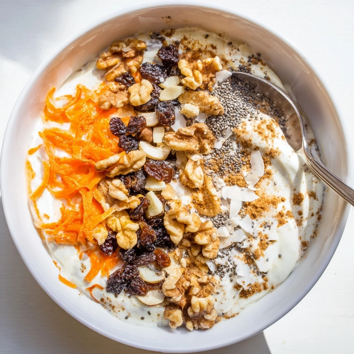 Wholesome Greek yogurt bowl spiced with cinnamon and nutmeg mixed with fresh shredded carrots