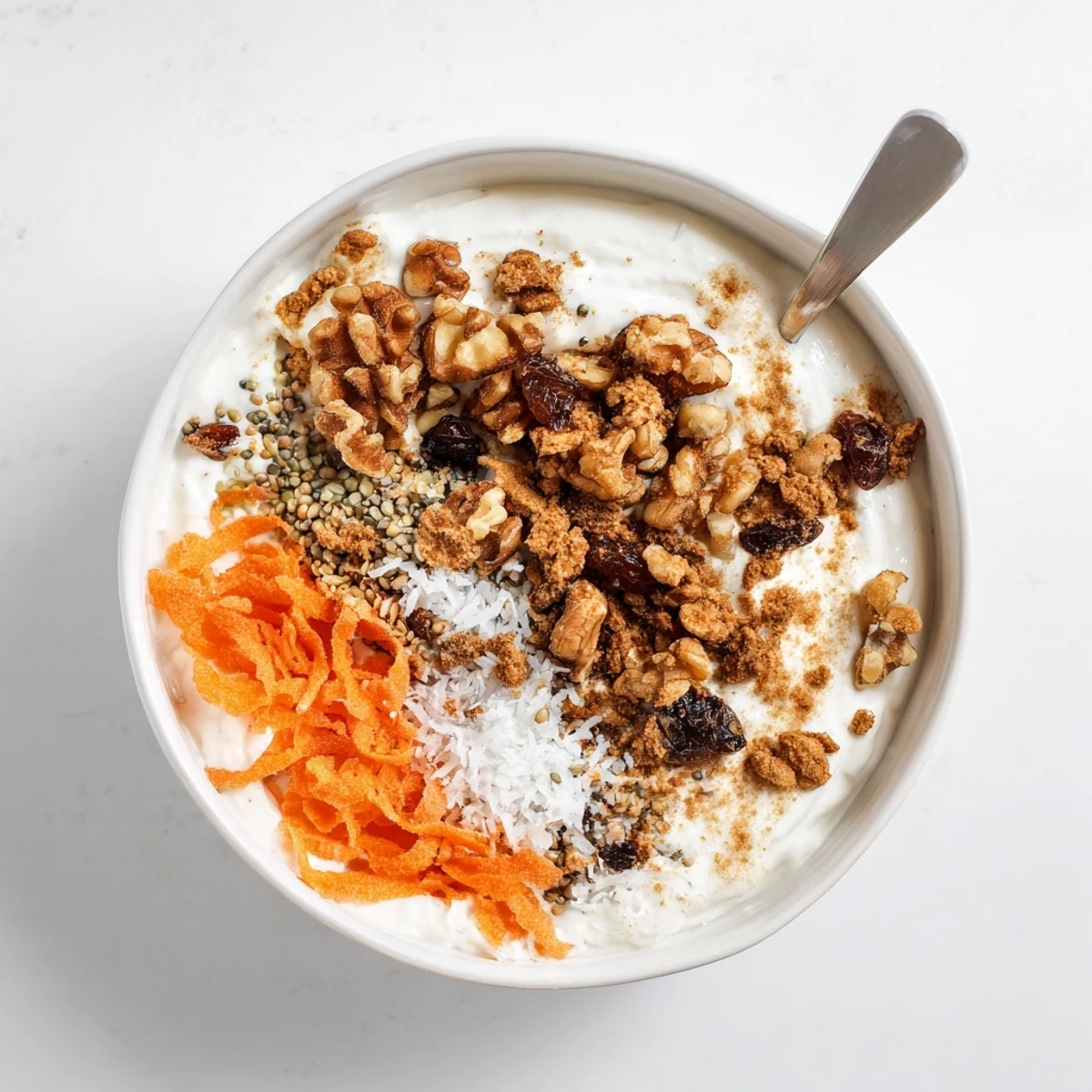 Breakfast carrot cake yogurt bowl garnished with coconut flakes, granola, and chopped pecans