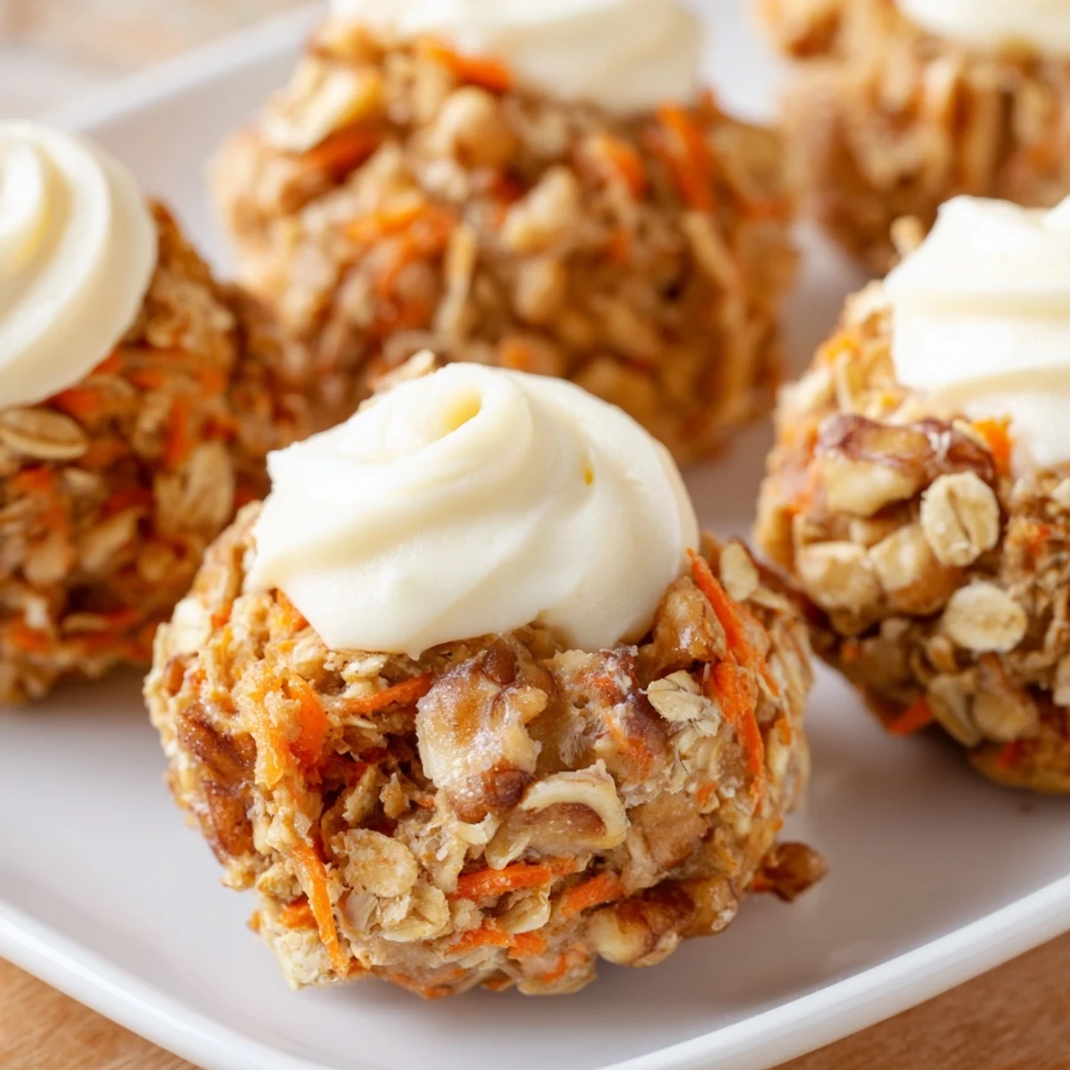 Soft homemade carrot cake cookies topped with creamy white frosting and chopped walnut pieces
