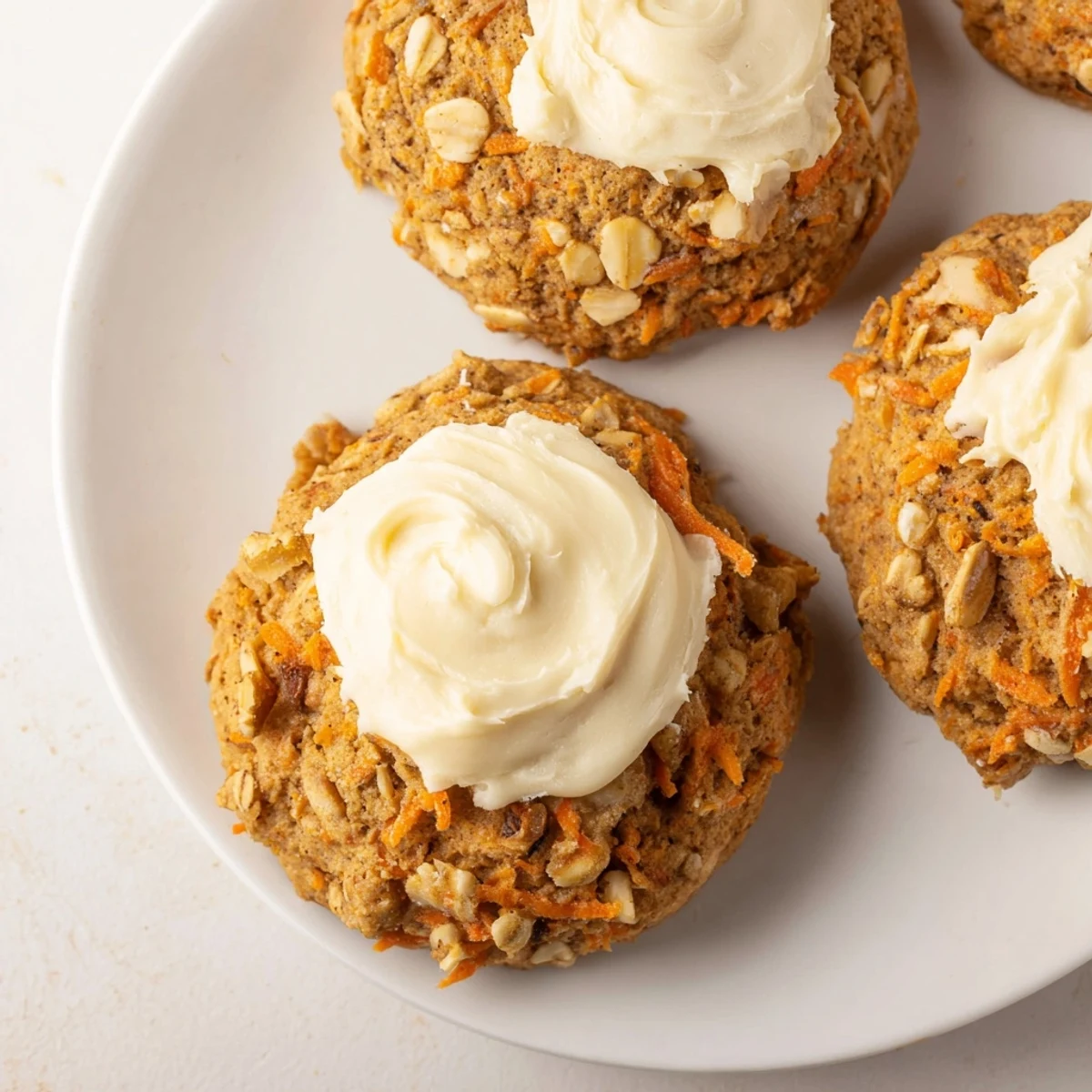 Golden spiced carrot cake cookies with visible grated carrot shreds and oat texture on a white plate