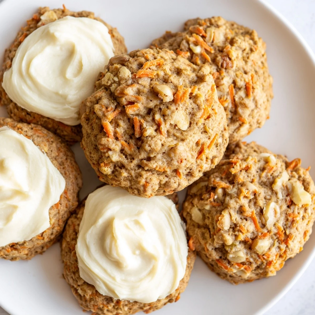 Batch of frosted carrot cake cookies arranged on a rustic wooden cutting board with fresh carrots nearby