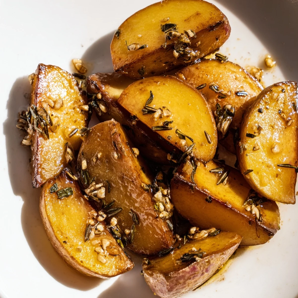 Golden brown Savory Garlic Herb Roasted Radishes arranged on a white serving plate