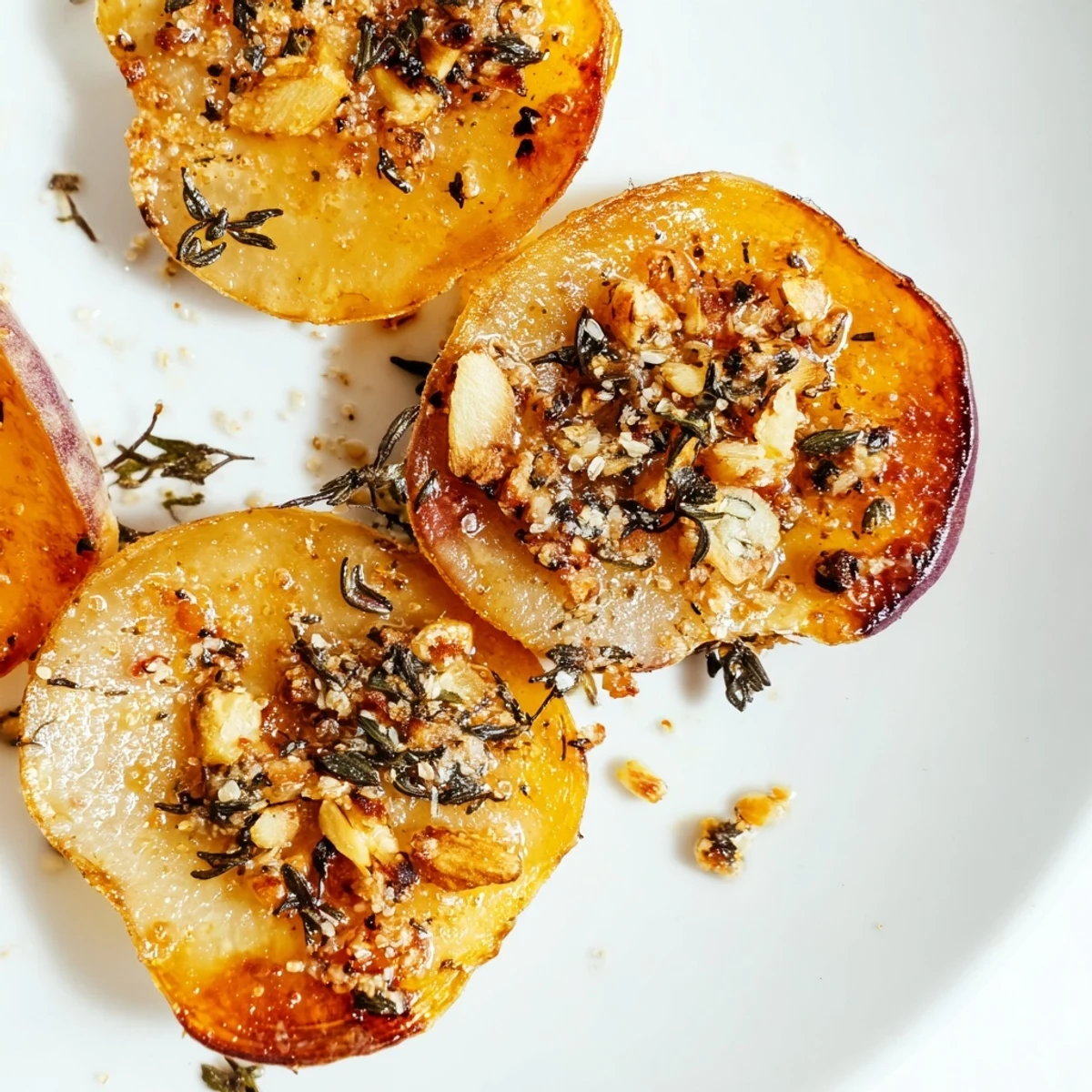 Tender halved radishes roasted with garlic and fresh herbs on a baking sheet