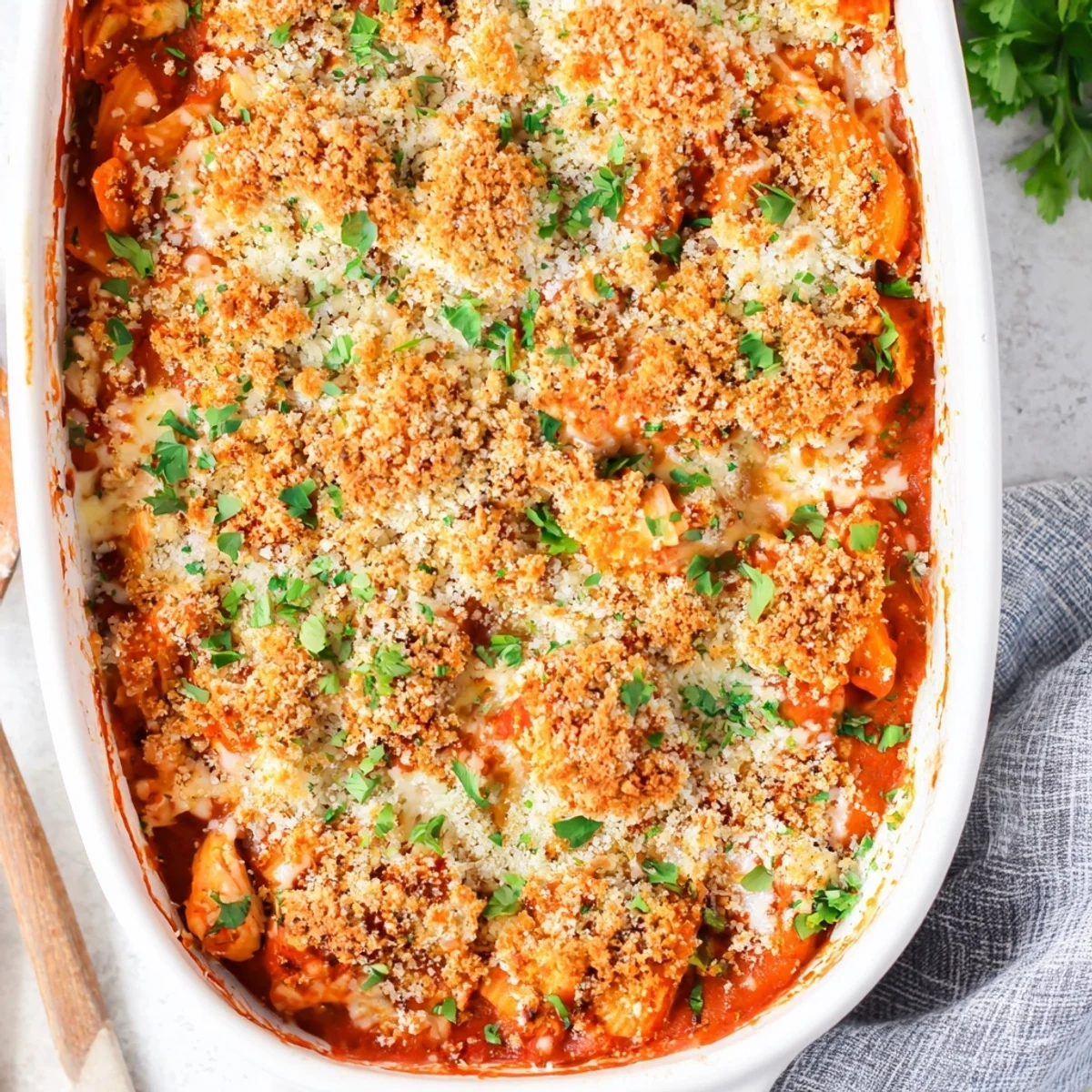 Baked Chicken Parmesan Casserole layered with marinara sauce and shredded cheeses in a casserole dish