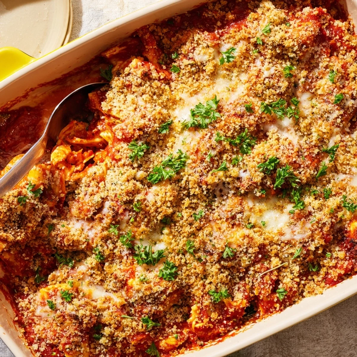 Golden Chicken Parmesan Casserole bubbling with melted mozzarella and crispy buttered breadcrumb topping