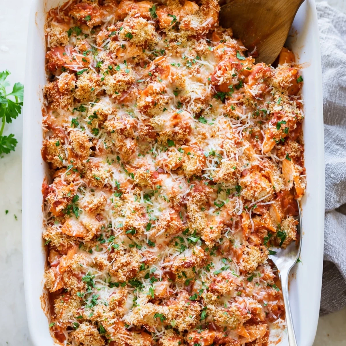 Comforting Chicken Parmesan Casserole with tender chicken pieces and golden brown panko crumb finish