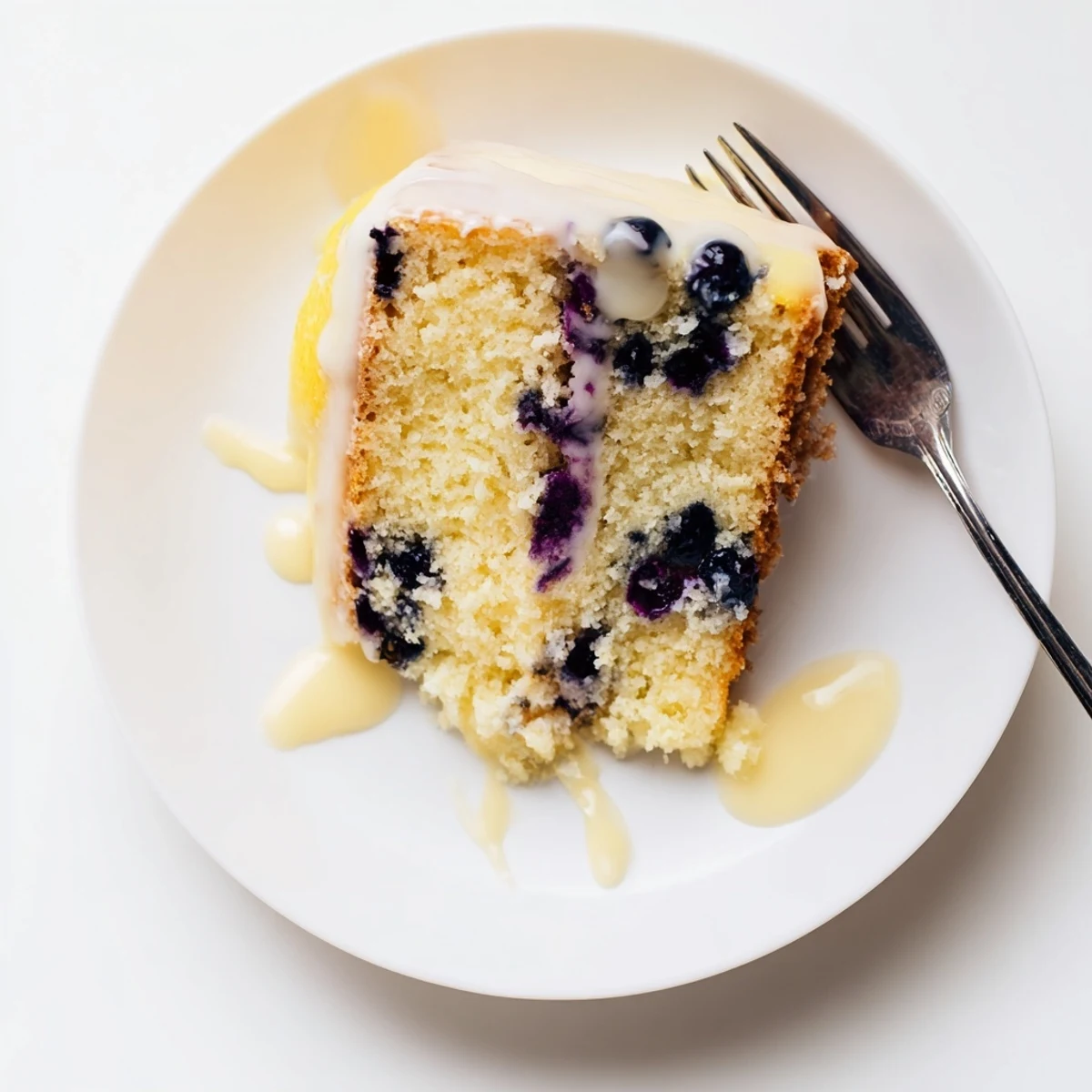 Golden slice of lemon blueberry cake on a white plate with powdered sugar dusting