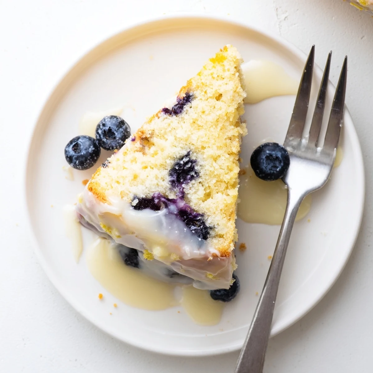 Homemade lemon blueberry cake baked in a round pan with glossy lemon icing