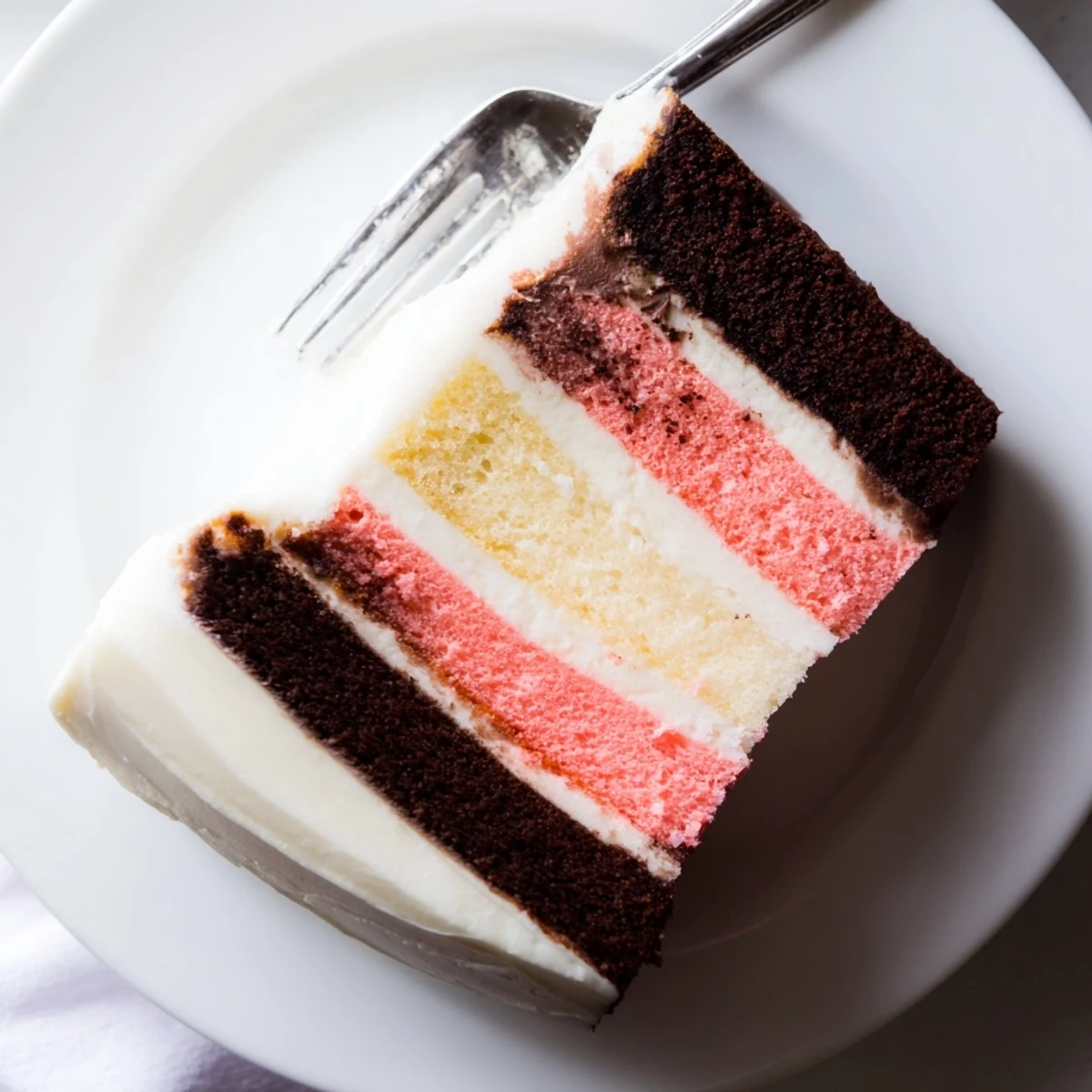 Slice of Neapolitan cake revealing chocolate, vanilla, and strawberry layers with creamy buttercream frosting