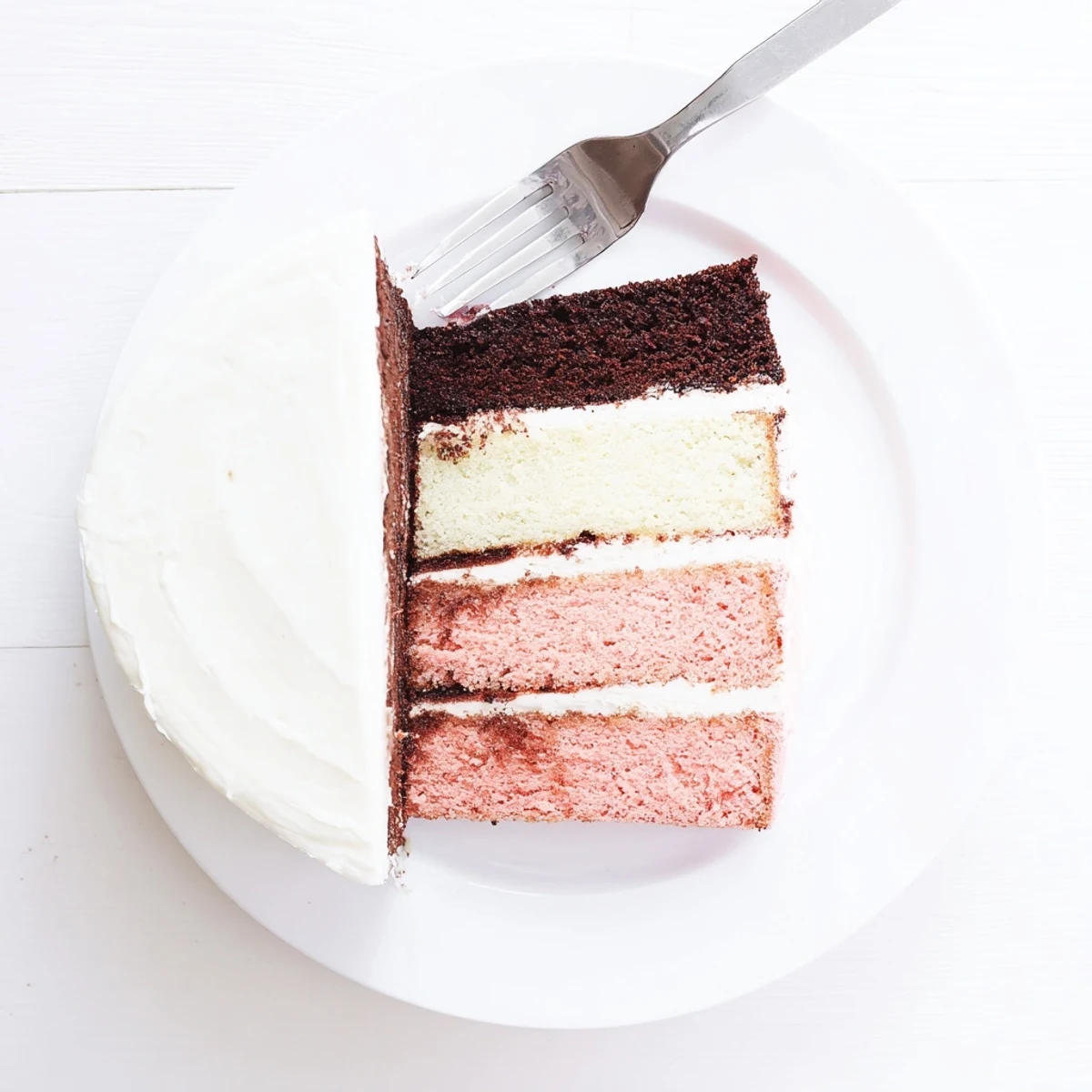 Colorful Neapolitan cake with three distinct ice cream inspired layers frosted in white buttercream