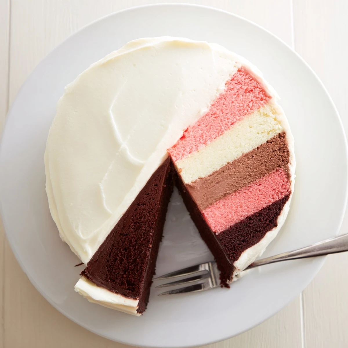 Homemade Neapolitan cake stacked with chocolate, strawberry, and vanilla tiers topped with smooth buttercream
