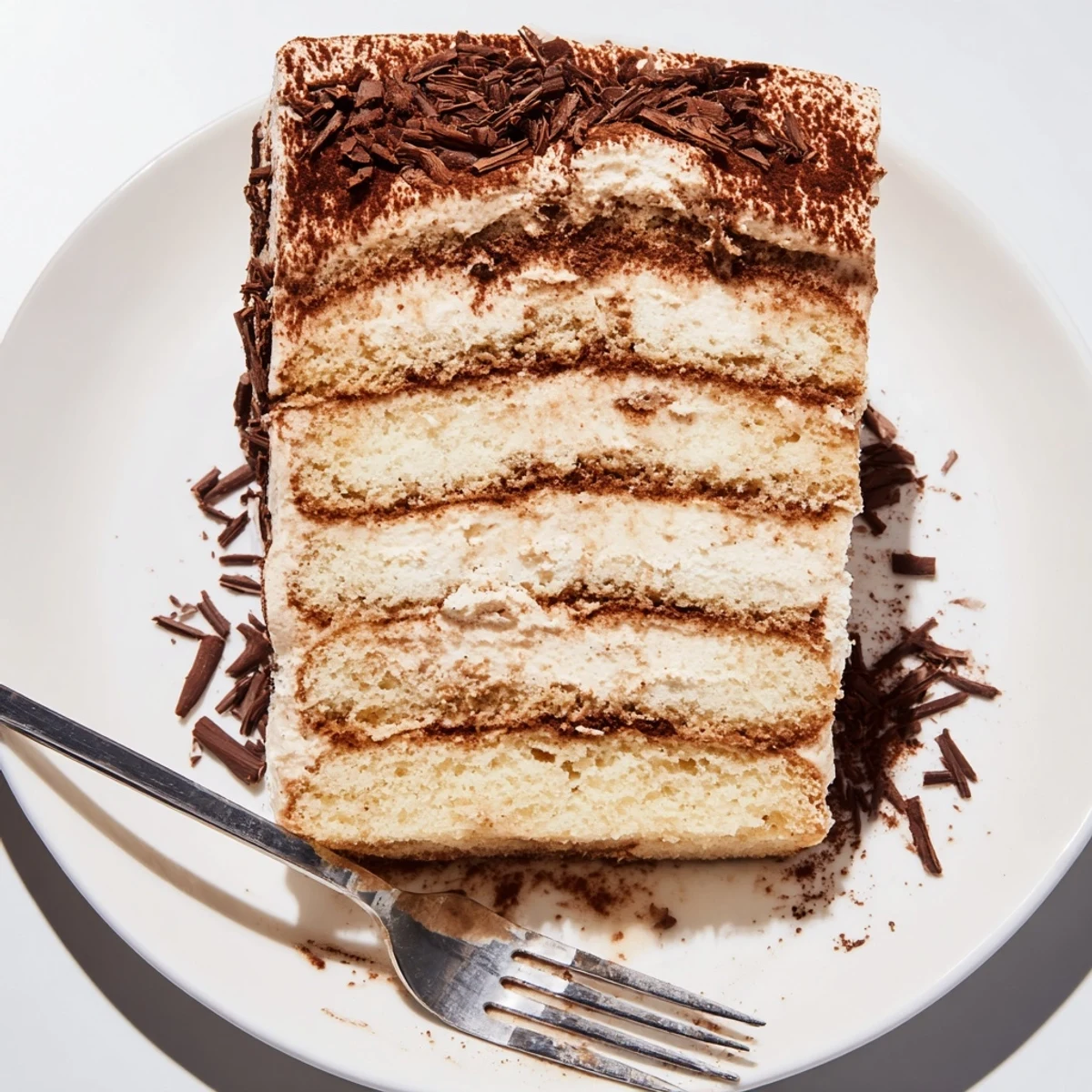 Slice of tiramisu cake showing fluffy mascarpone layers dusted with cocoa powder