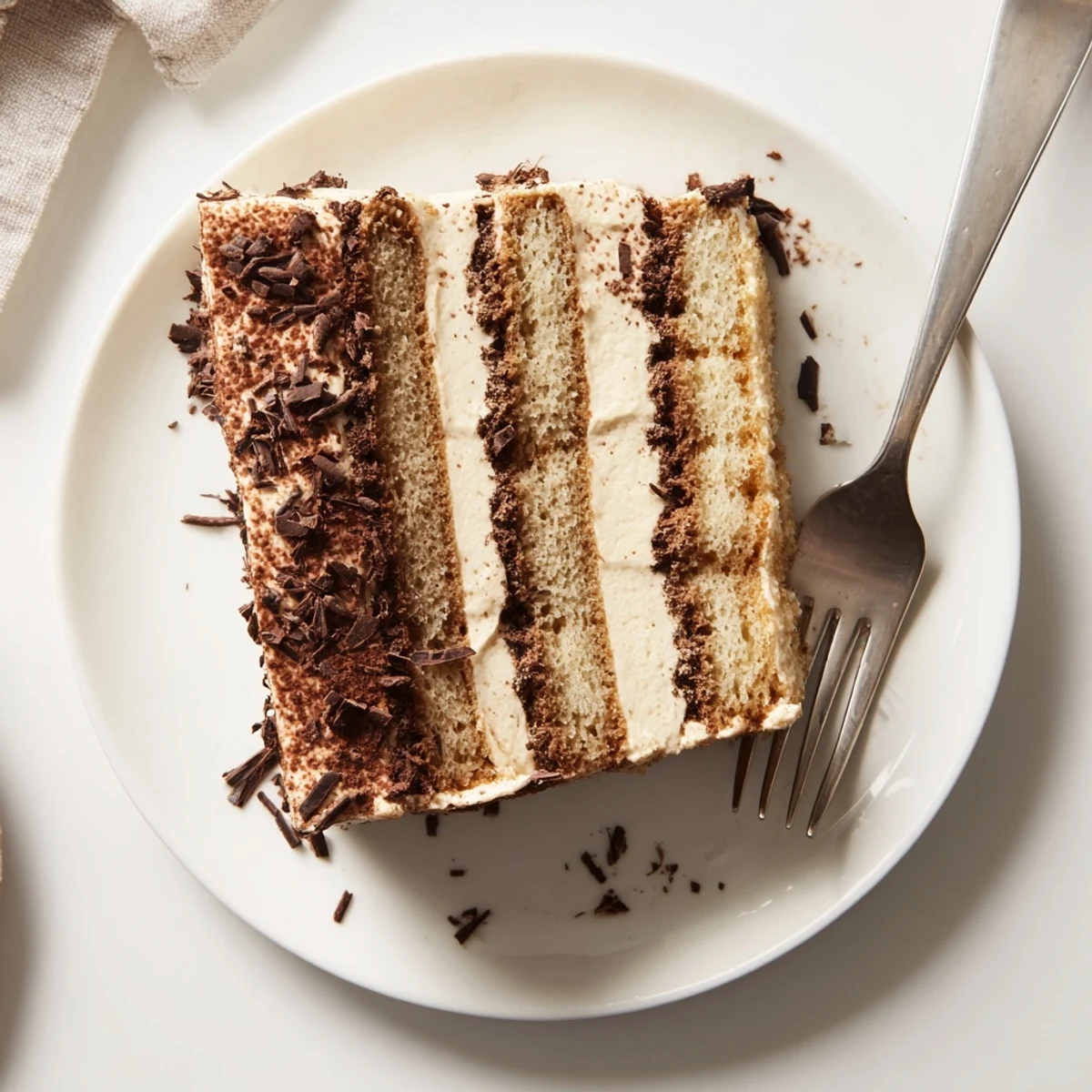Homemade tiramisu cake stacked with coffee-soaked sponge and creamy mascarpone filling