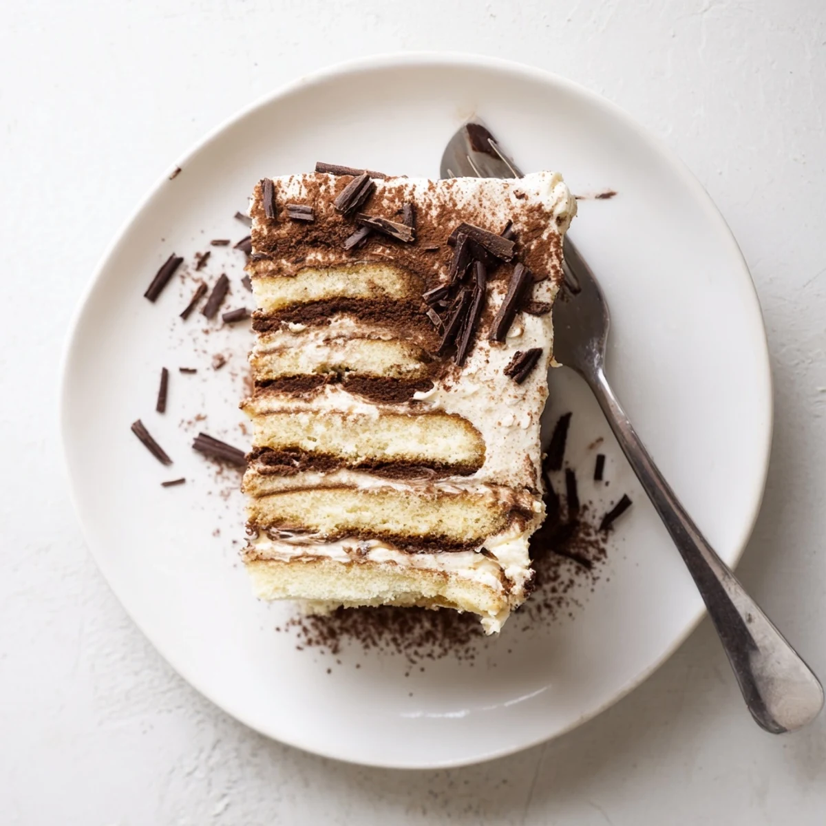 Layered tiramisu dessert cake topped with dark chocolate shavings and cocoa