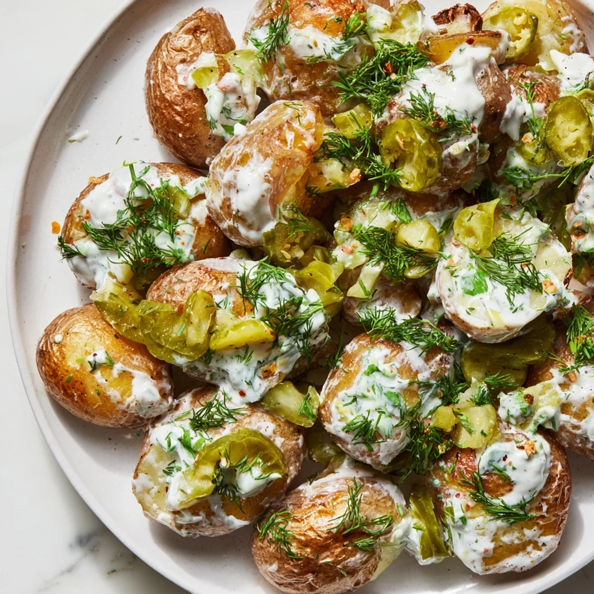 Golden crispy smashed potatoes topped with tangy dill pickles and creamy homemade ranch dressing