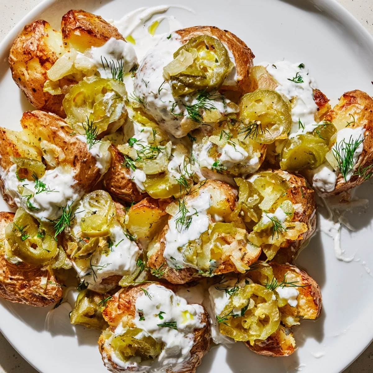 Warm smashed potato bites garnished with fresh dill herbs crunchy pickles and zesty ranch
