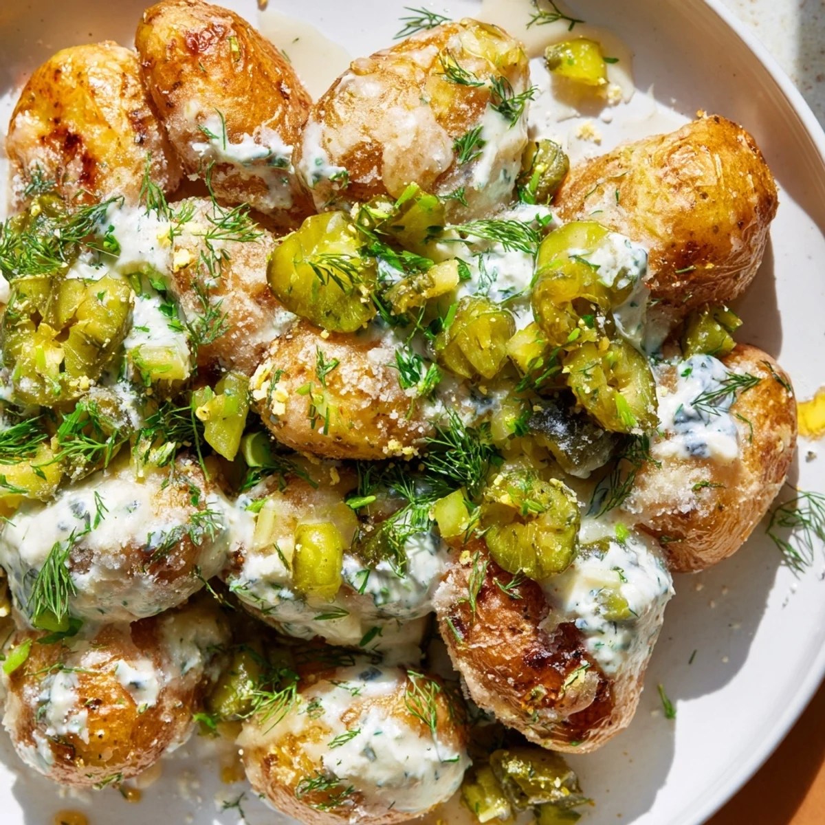 Crispy baby potato appetizer smashed until golden and drizzled with sour cream ranch sauce
