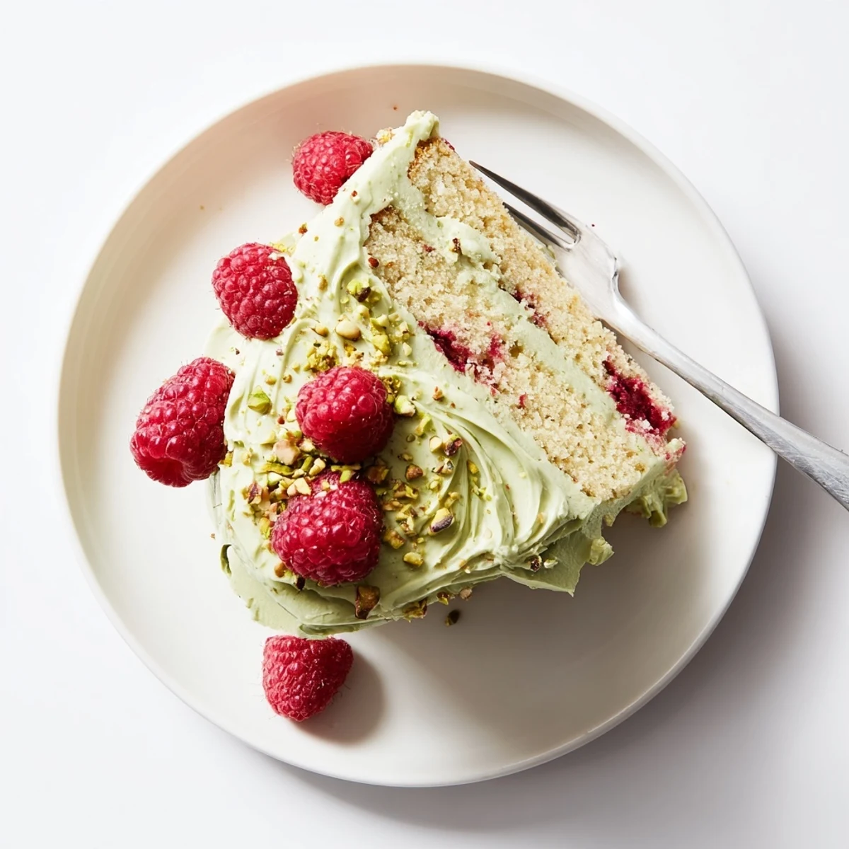Slice of pistachio raspberry cake with creamy frosting and fresh berry topping