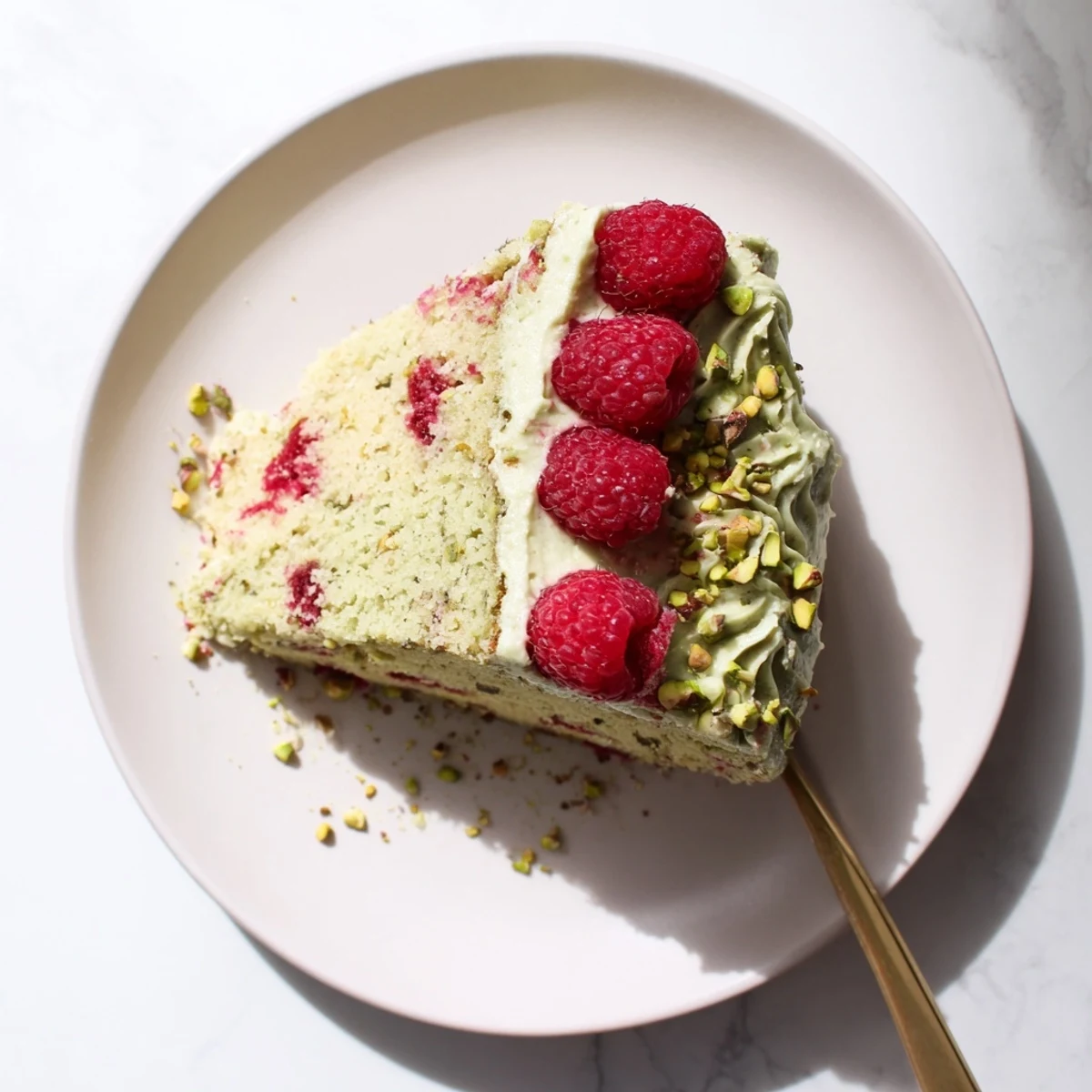 Homemade pistachio raspberry cake topped with pistachio cream cheese frosting and raspberries