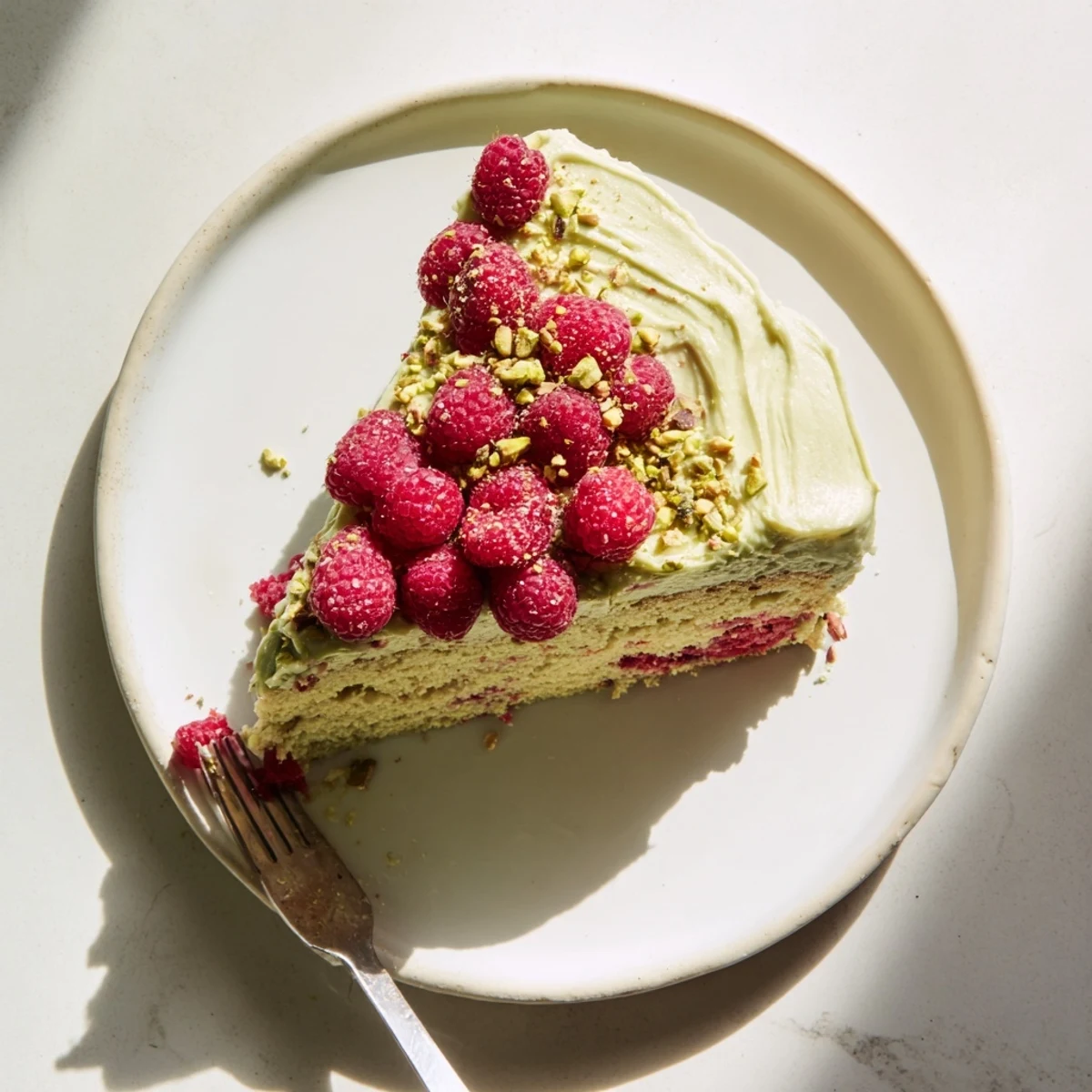 Green pistachio raspberry dessert slice with fluffy frosting and red berry garnish