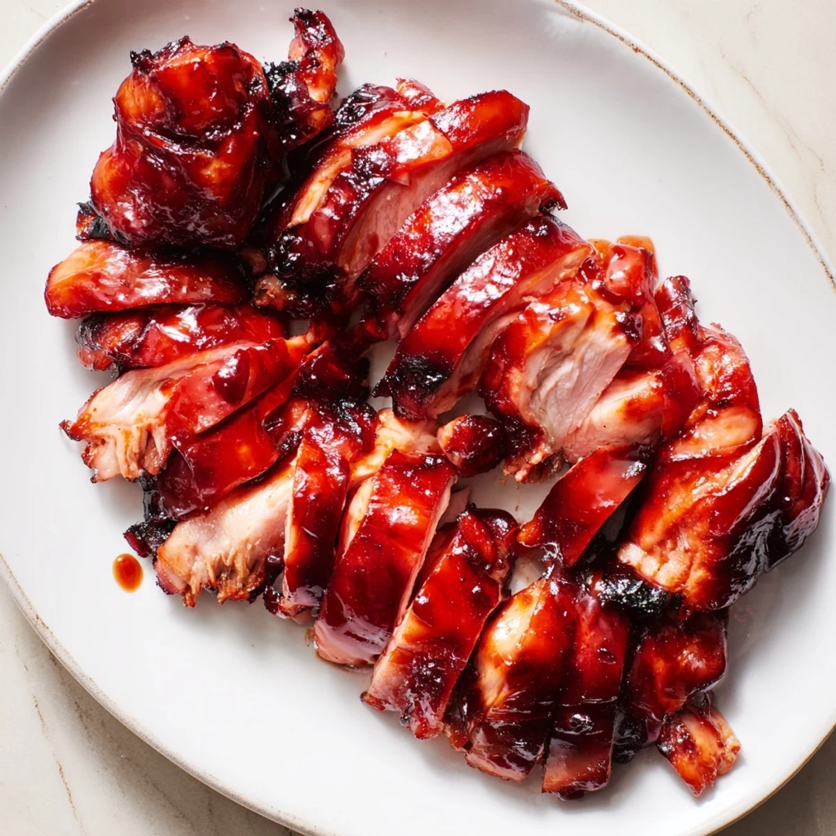 Golden glazed Char Siu chicken pieces arranged on a white serving platter with garnish