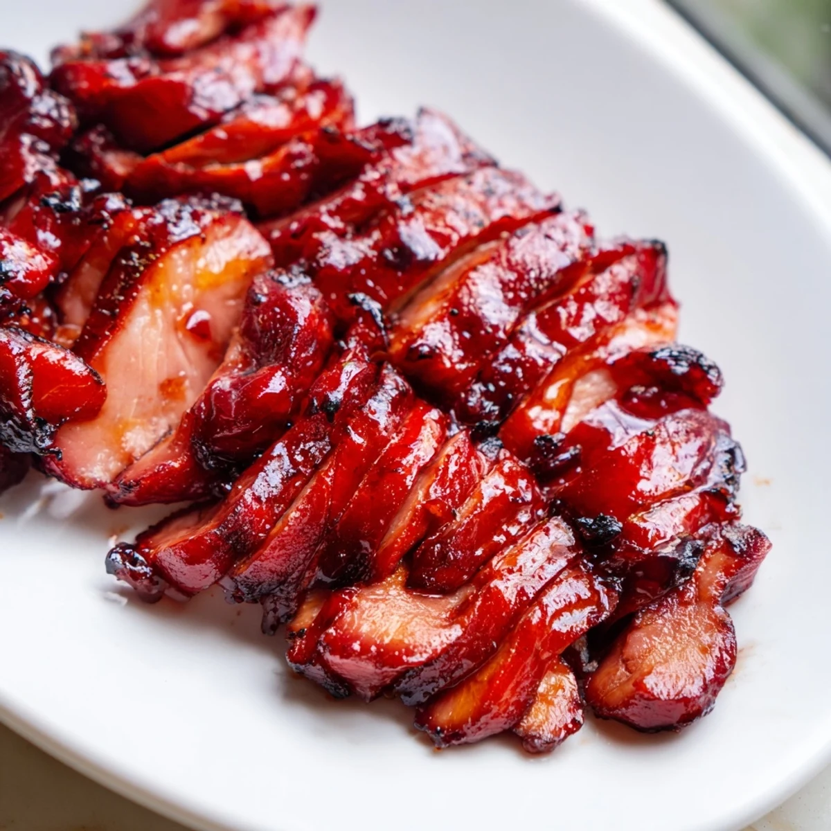 Savory Cantonese Char Siu chicken BBQ sliced thick revealing juicy tender caramelized meat inside