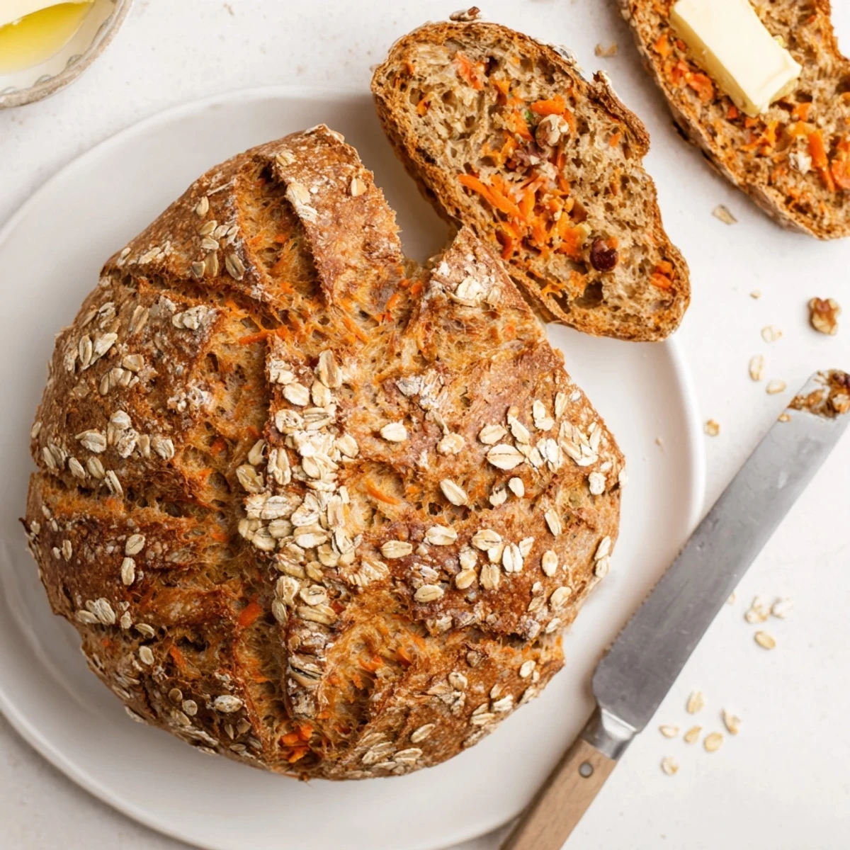 Thick slice of Carrot Cake Sourdough Bread topped with cream cheese spread and walnuts