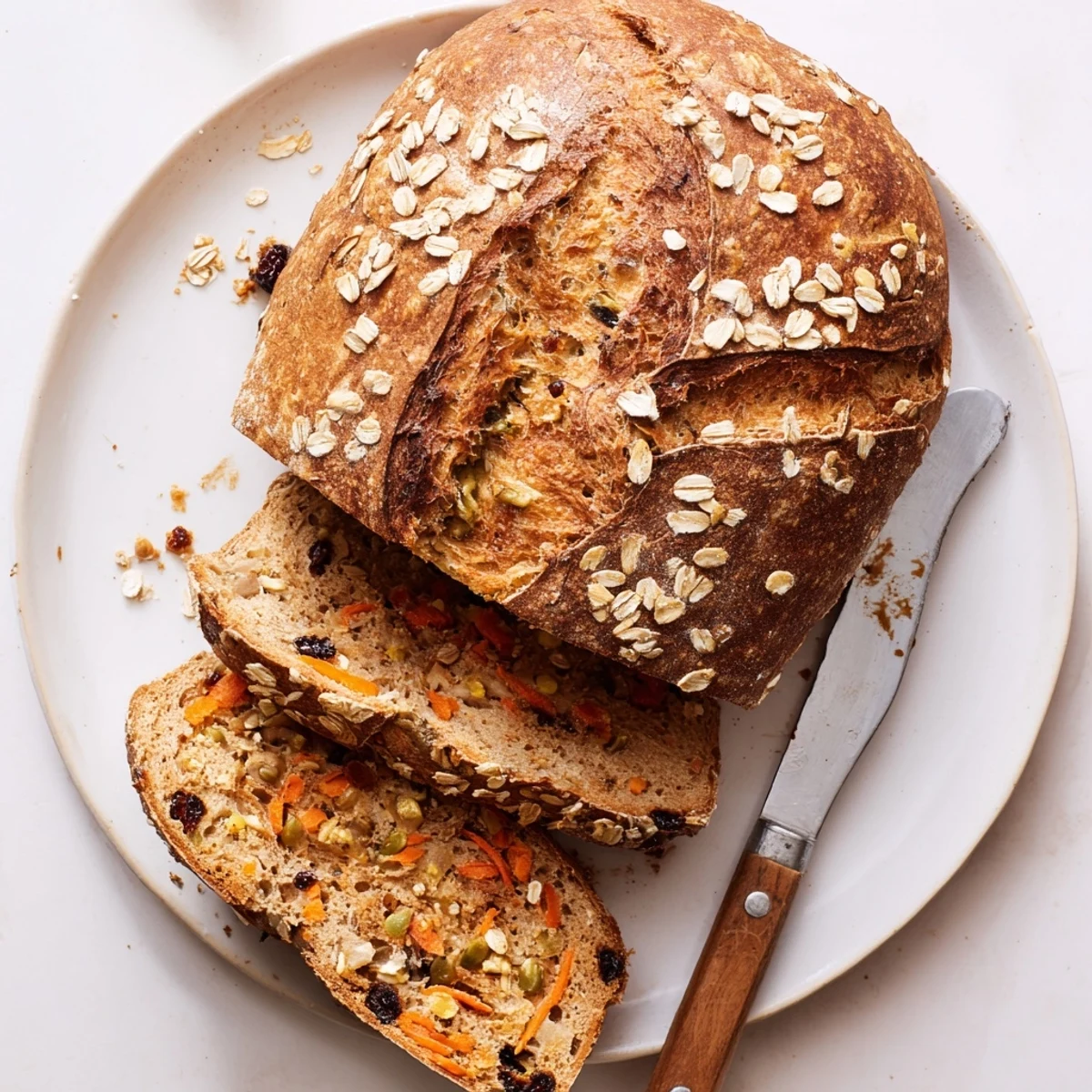 Freshly baked Carrot Cake Sourdough Bread dusted with oats and seeds on wooden board