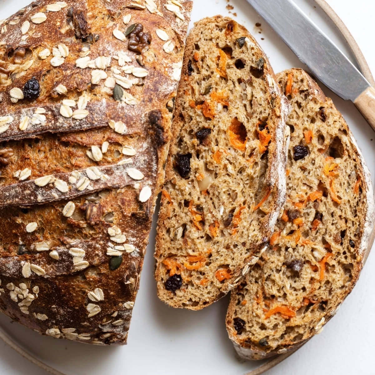 Golden brown Carrot Cake Sourdough Bread loaf with visible grated carrot flecks and rustic crust