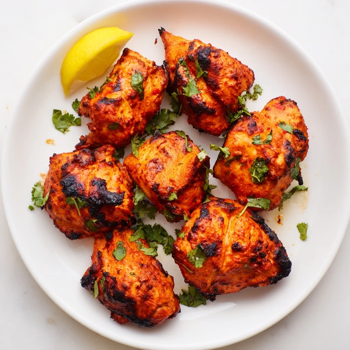 Tandoori chicken recipe featuring charred, spice-rubbed chicken pieces garnished with fresh cilantro and lemon wedges