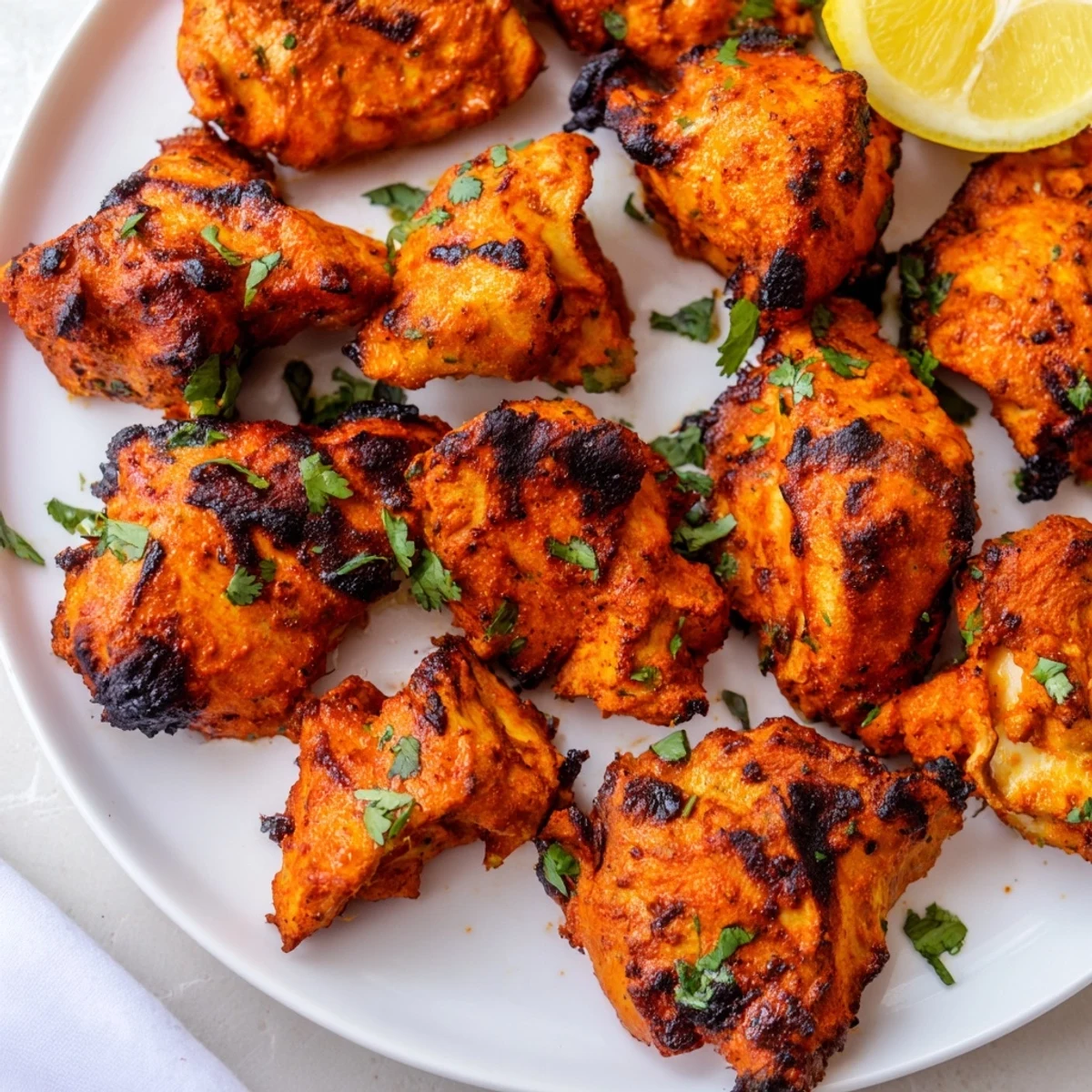 Homemade Tandoori chicken recipe showing juicy yogurt-marinated meat with lightly blackened edges and aromatic spices