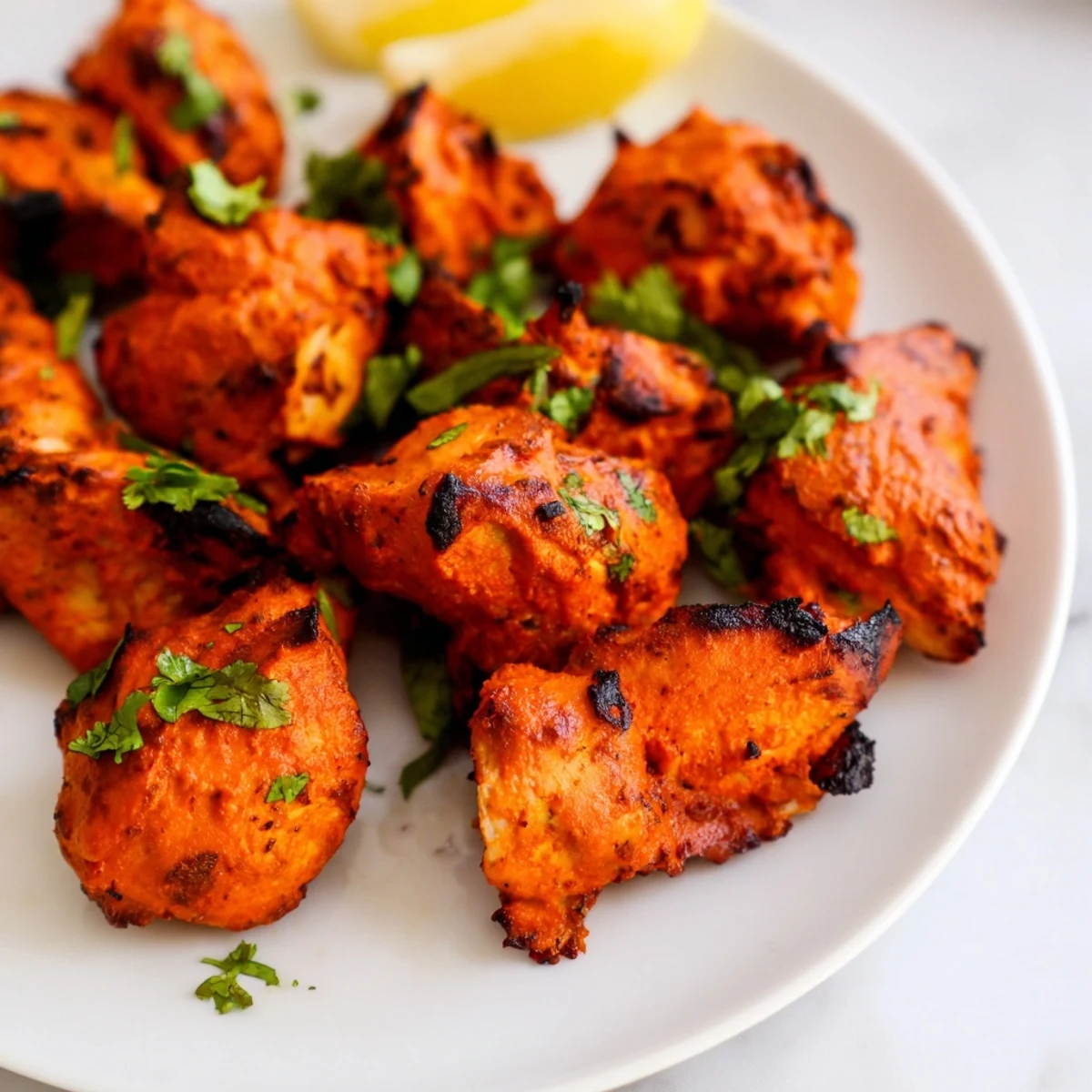 Succulent Tandoori chicken with vibrant red marinade, roasted to smoky perfection on a serving platter