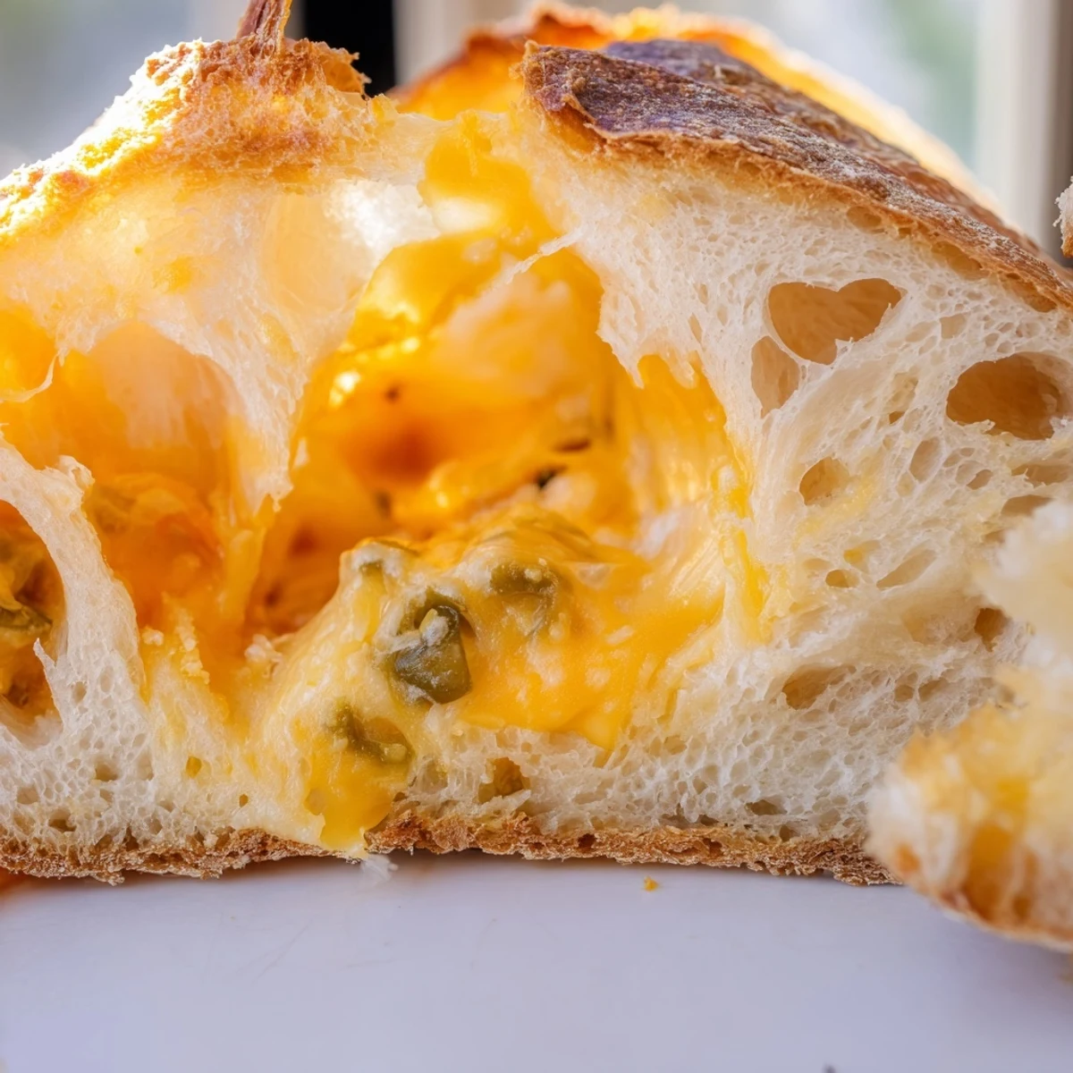 Freshly baked jalapeno cheddar sourdough bread with crackly crust and spotted green jalapeño pieces
