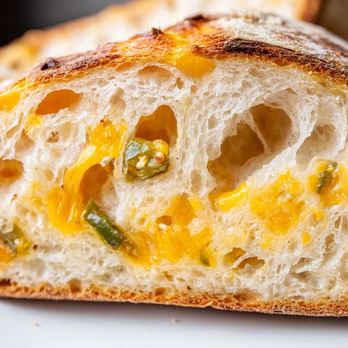 Sliced jalapeno cheddar sourdough bread showing tender crumb embedded with sharp cheddar and jalapeños