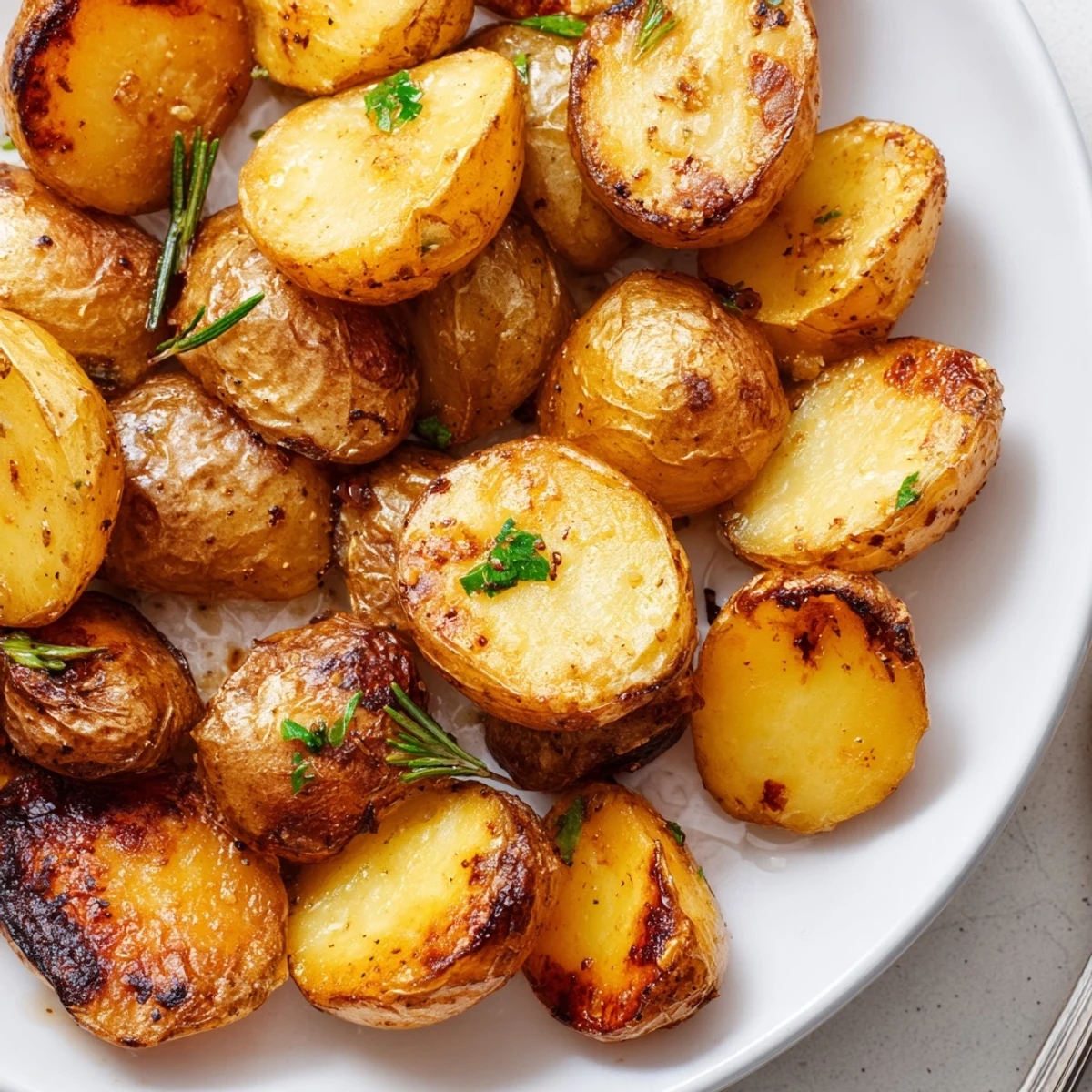 Bowl of Crispy Oven Roasted Baby Potatoes sprinkled with chopped parsley  
