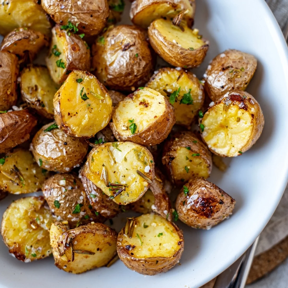 Golden Crispy Oven Roasted Baby Potatoes served hot beside grilled steak and dip