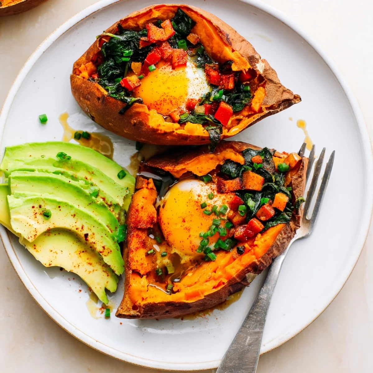 Roasted Sweet Potato Breakfast Boats topped with sliced avocado, crumbly feta, bright chives