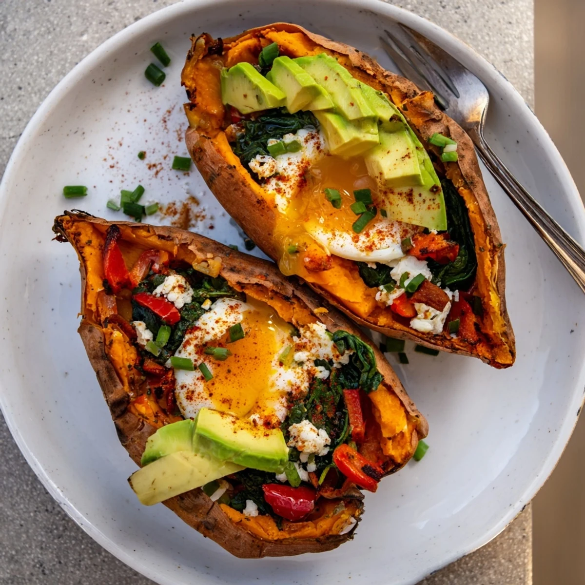 Sweet Potato Breakfast Boats with creamy avocado, runny egg, and feta garnish